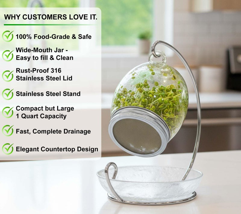 ALCEDIA Premium Sprouting Jar Kit - Unique 30 oz Wide Mouth Sprouting Jar, Stand, Tray and 316 Stainless Screen Lid | Decorative Indoor Seed Sprouter and Germinator (1 Kit) - Image 5